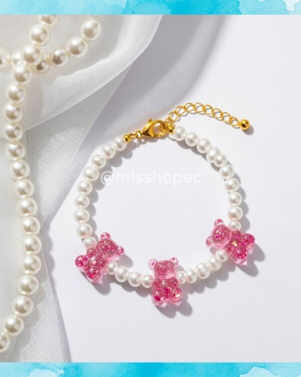 Pulsera con perlas y charm de osito para mujer encantador kawaii k-fashion - Image 3