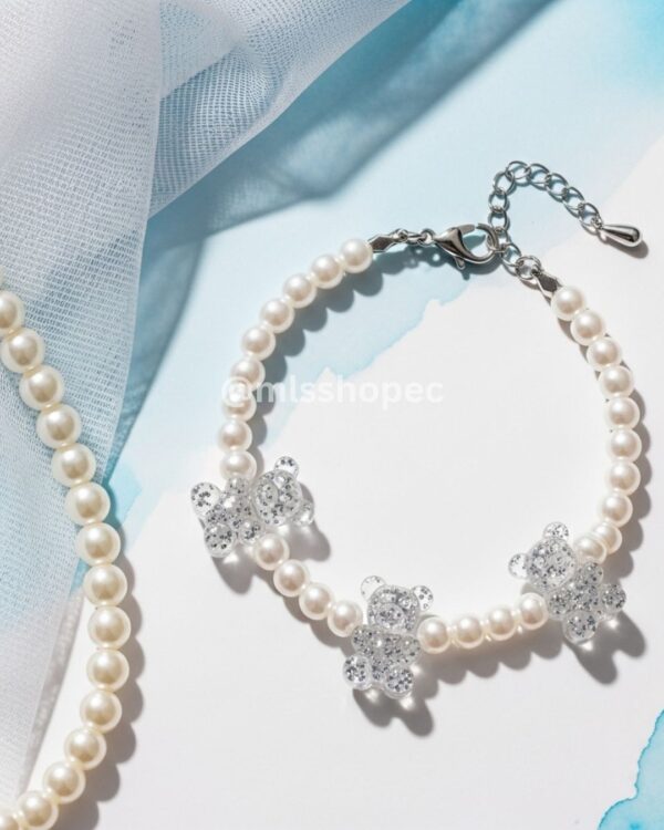 Pulsera con perlas y charm de osito para mujer encantador kawaii k-fashion - Image 2